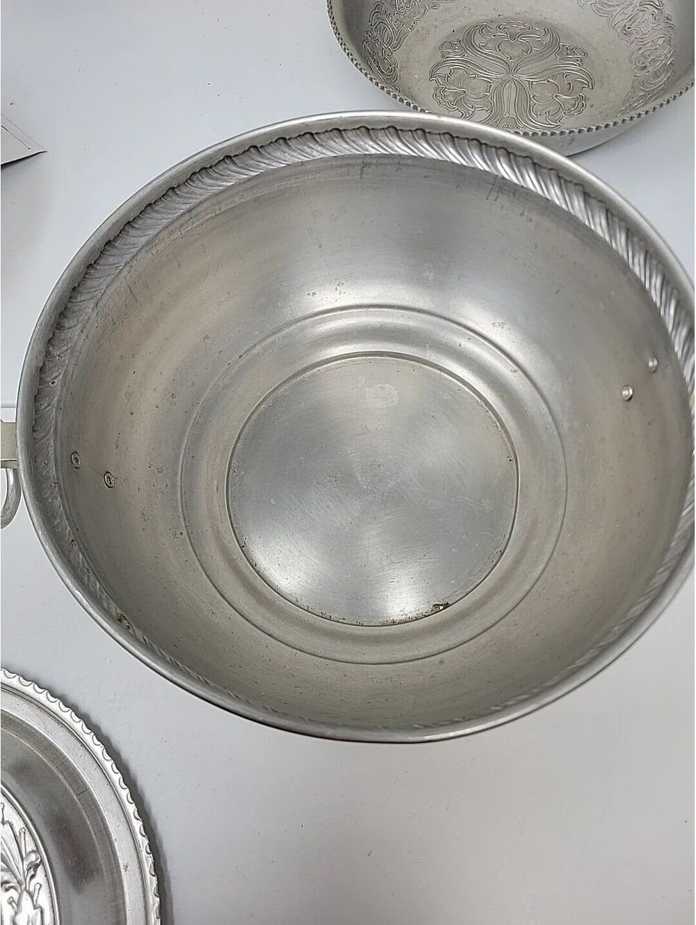 Vintage Aluminum Cookware Lot, Embossed Serving Bowl, Lidded Pot & Angel Food